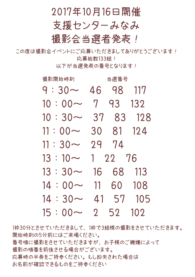 10月16日支援センターみなみの撮影会の当選番号発表！